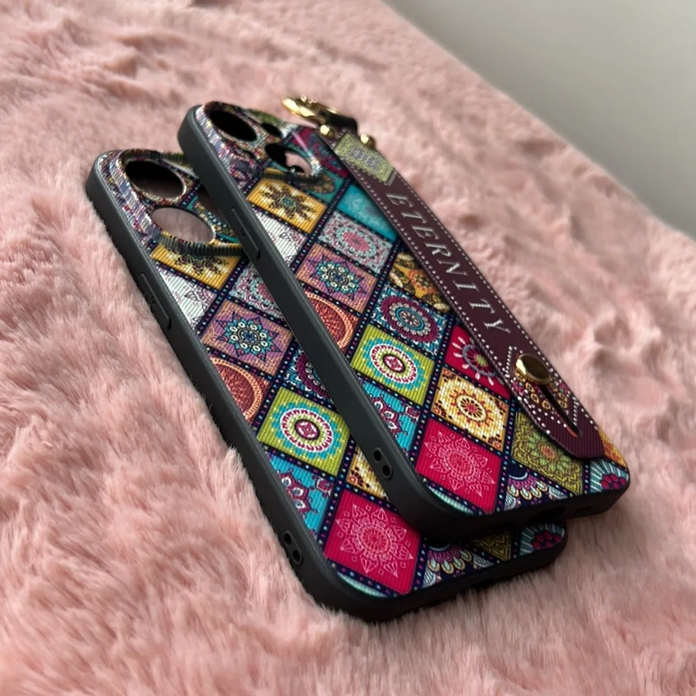 For iPhone 14, 14 pro phone case with wrist strap kickstand keychain ring